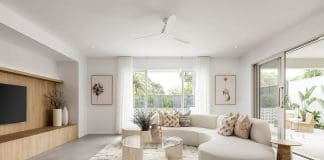 Open plan living room with timber joinery