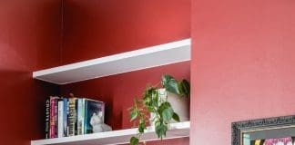 Red wall in living room with bar