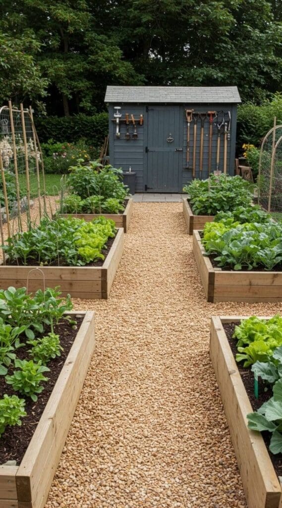 Raised garden beds with shed