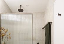 Fluted glass shower screen in Tribeca Brewery apartment by The Stylesmiths