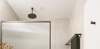 Fluted glass shower screen in Tribeca Brewery apartment by The Stylesmiths