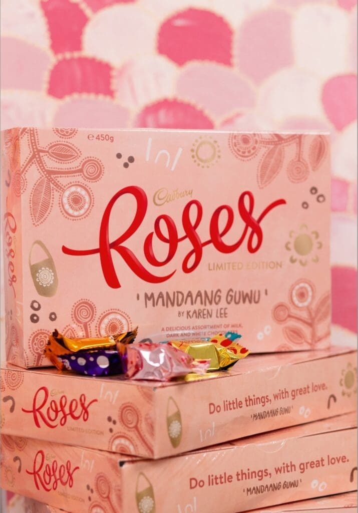 Roses chocolate box featuring artwork by Karen Lee Mungarrja