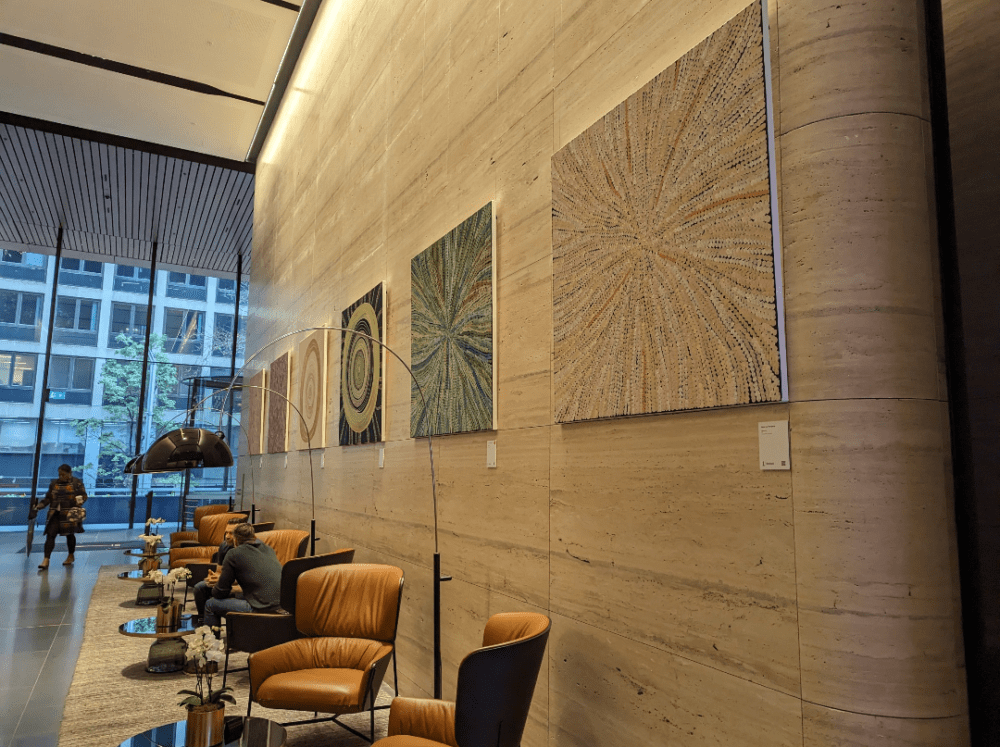 Art pieces shown in office by Karen Lee Mungarrja