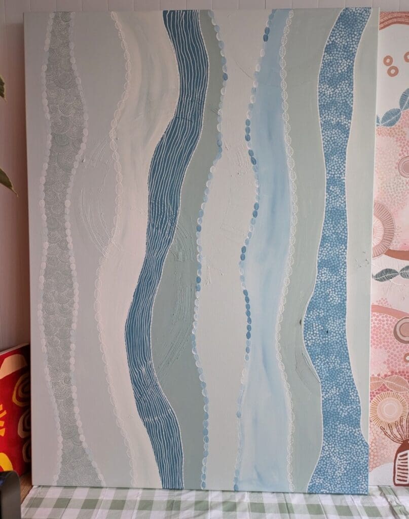 Blue wave art piece by Karen Lee Mungarrja