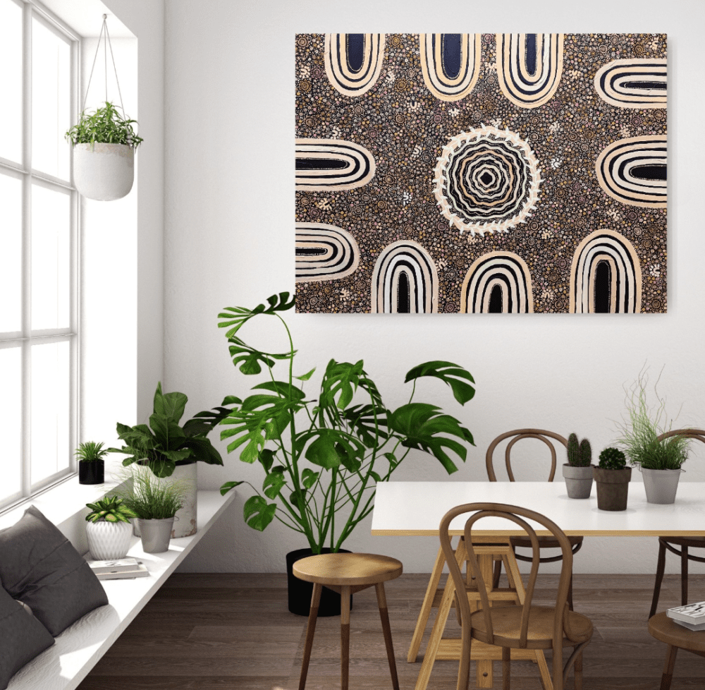 Karen Lee Mungarrja brown Indigenous art on wall in dining room