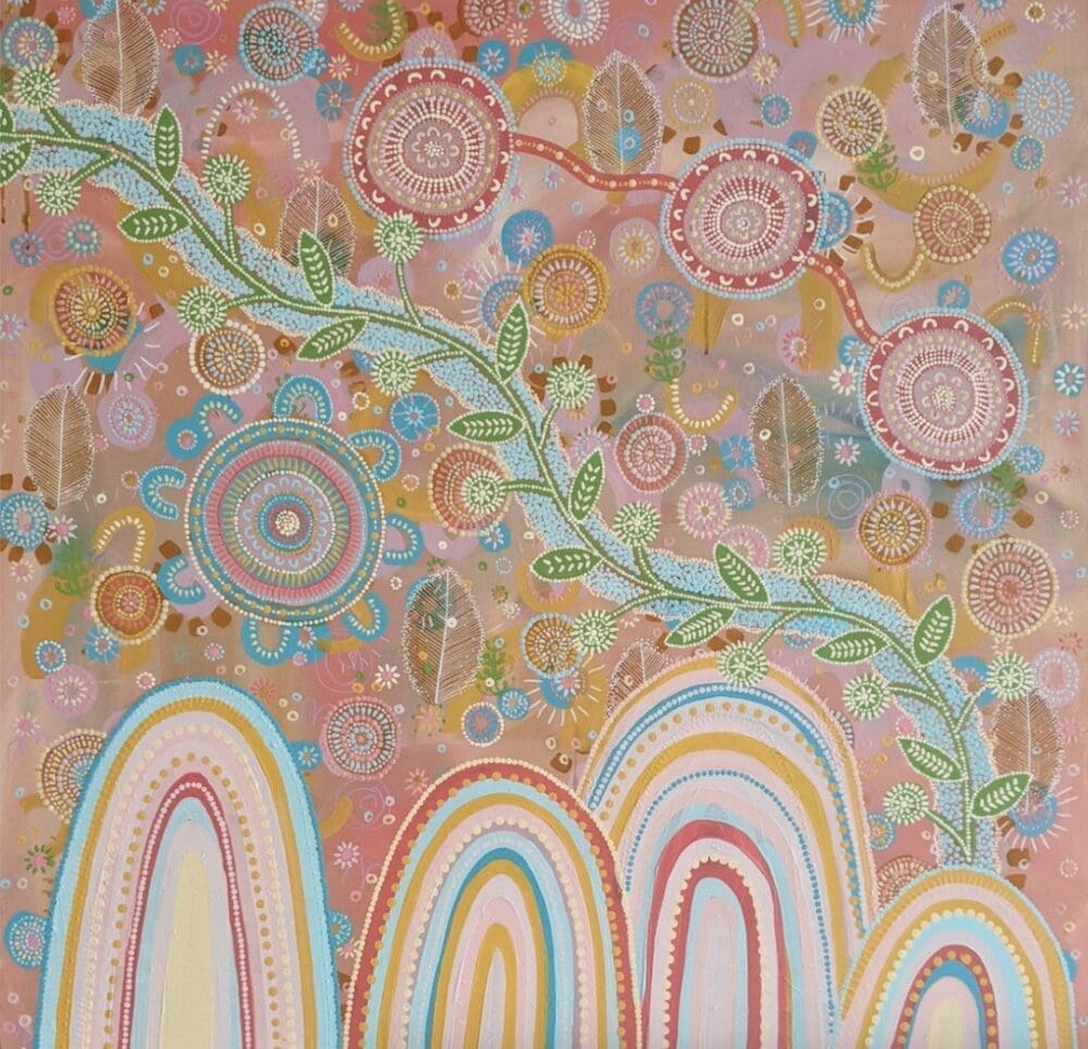 Artwork with rainbow arches and Indigenous style patterns by Karen Lee Mungarrja