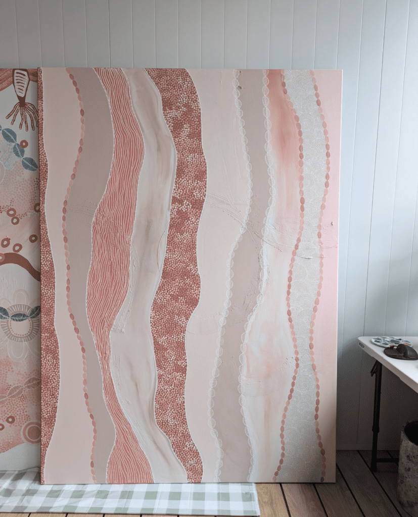 Pink wave art by Karen Lee Mungarrja