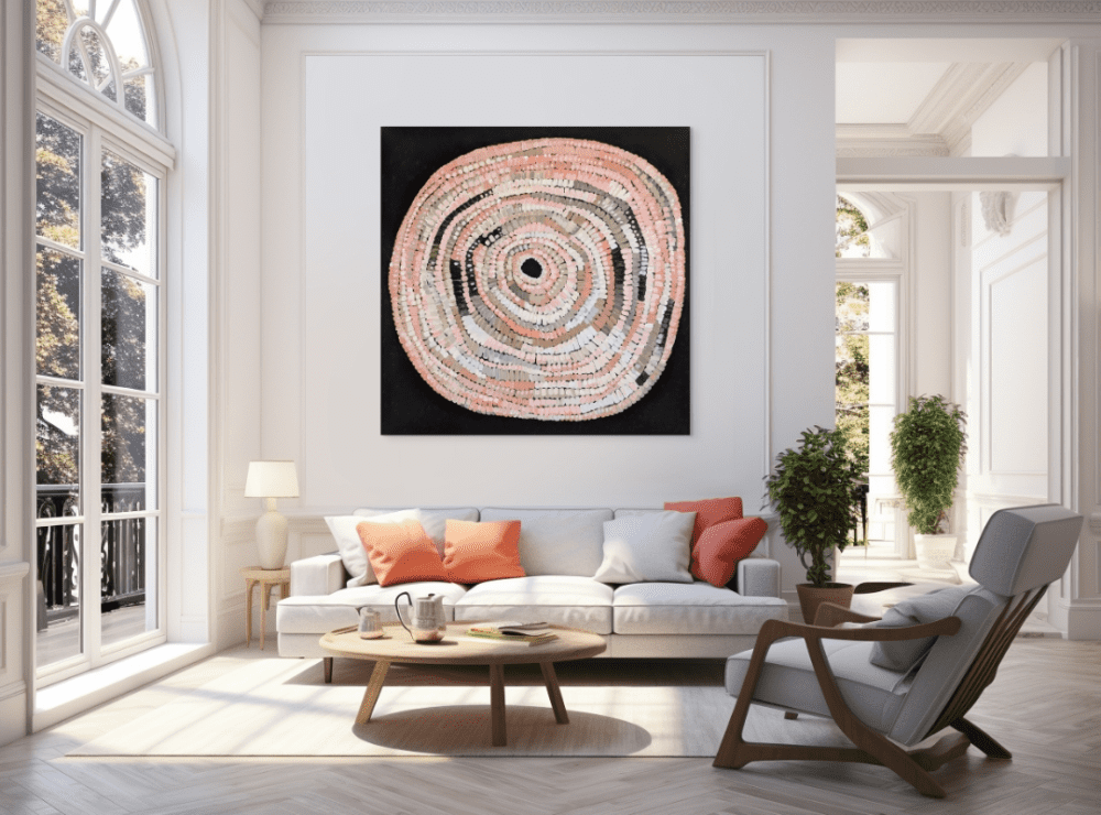 Round pink artwork in living room by Karen Lee Mungarrja