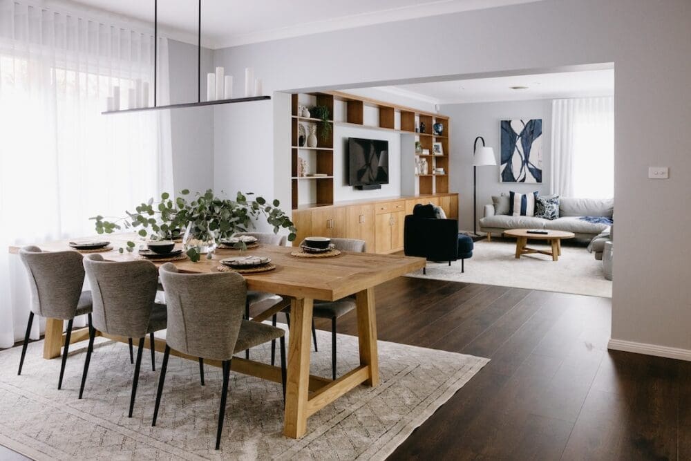 Open plan dining and living space with Hamptons styling