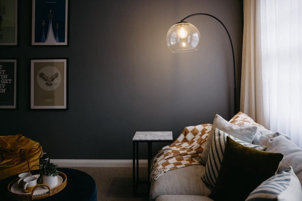 Moody media room with floor lamp