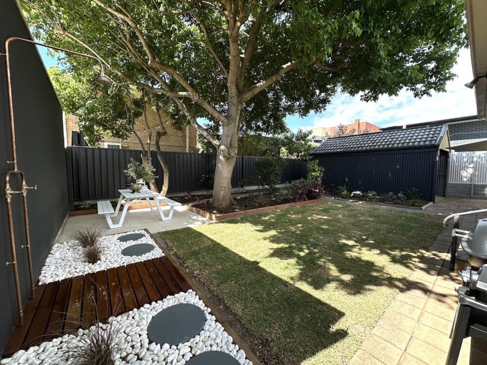 Outdoor garden at Alisa and Lysandra coastal heritage Tudor AirBnB