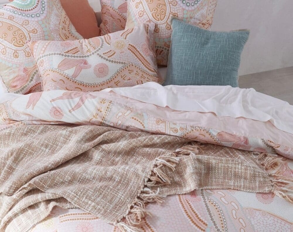 Pink bedding collection in collaboration with Pillow Talk and Domica Hill Indigenous artist behind By Meeka