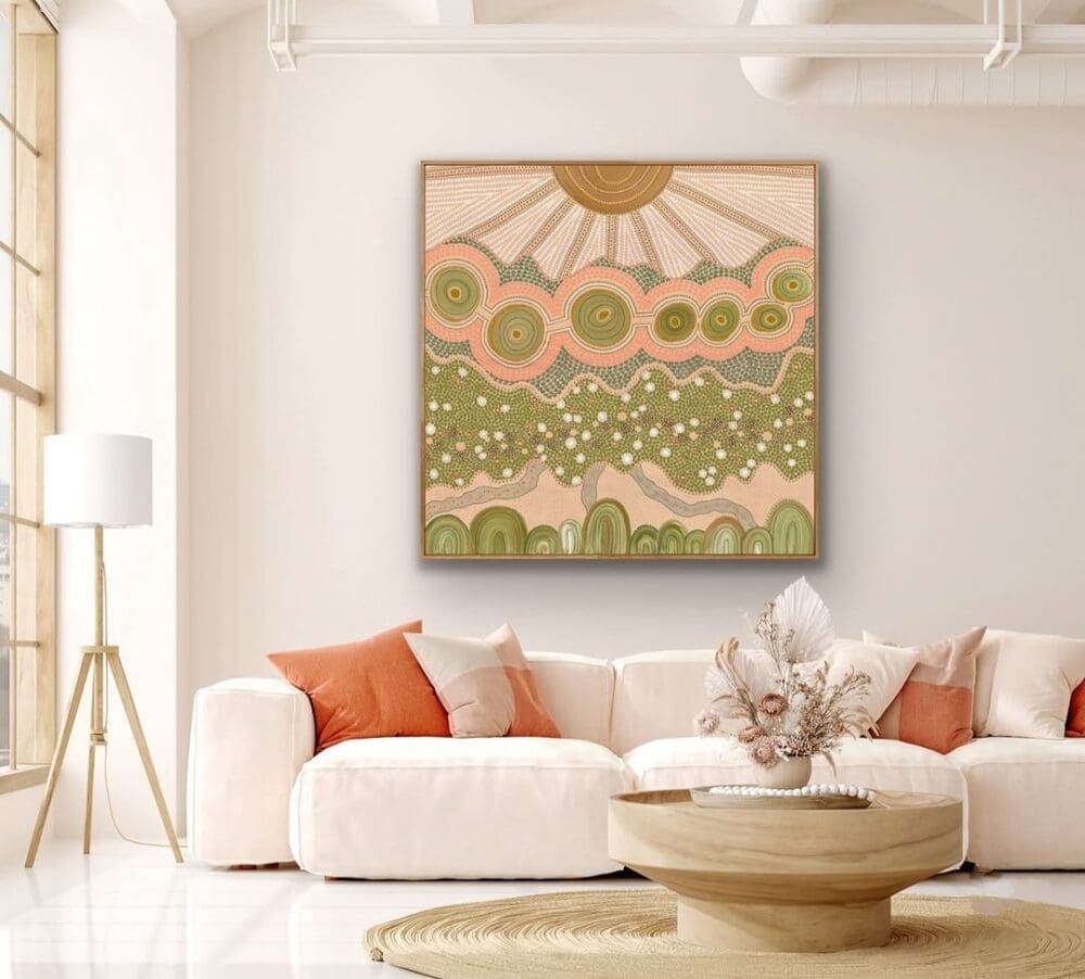 Green and blush dot painting Domica Hill Indigenous artist behind By Meeka