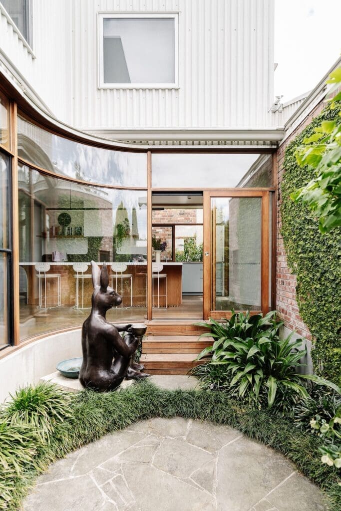 Internal courtyard and bunny statue at Chatterbox House