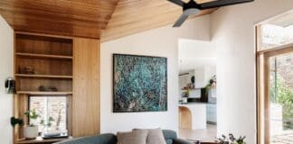 Living room at Chatterbox House with curved sofa