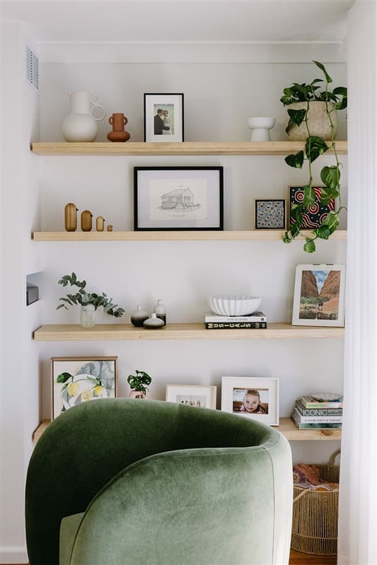 Floating shelves styled in East Ryde home