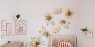 Girls bedroom styled with sunflower wall decals