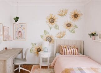 Girls bedroom styled with sunflower wall decals