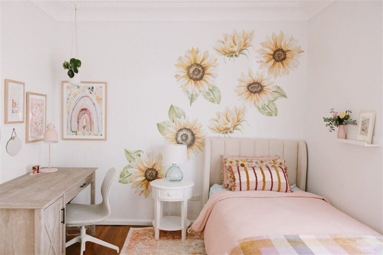 Girls bedroom styled with sunflower wall decals