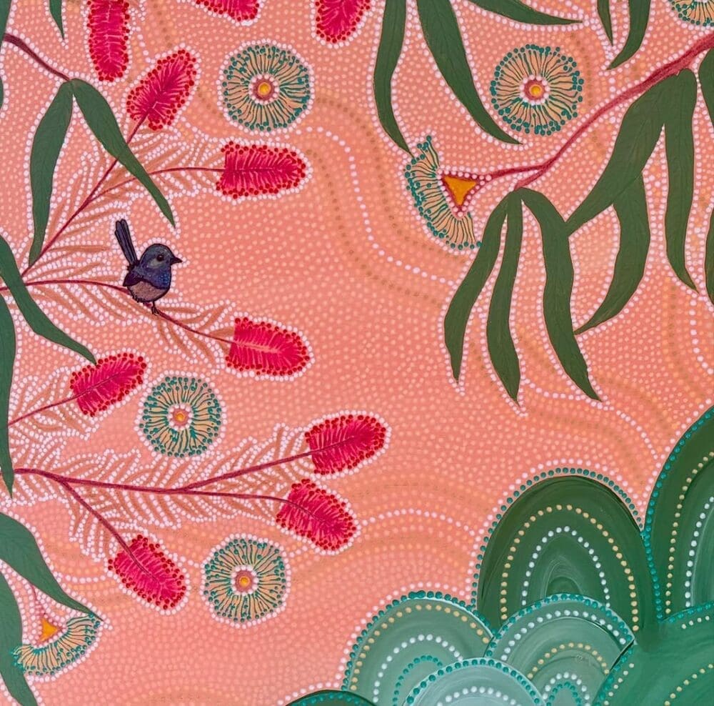 Bird and banksia contemporary Aboriginal art