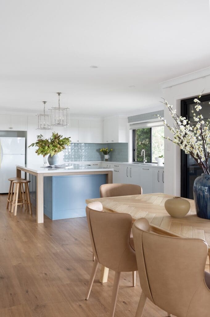 Country kitchen with blue island bench