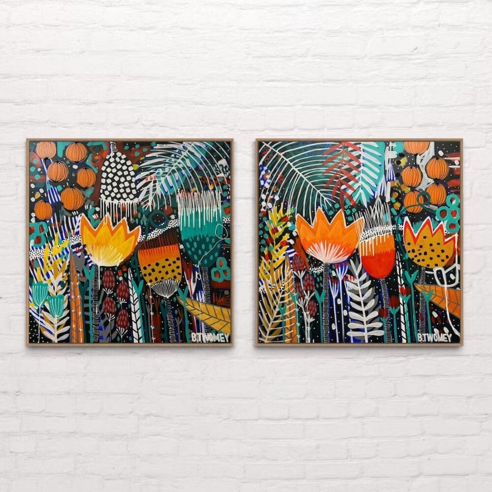 Two colourful botanical artworks from B Twomey