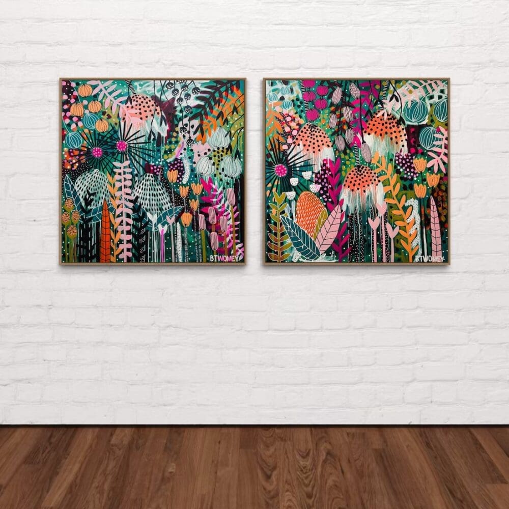 Twin pair of colourful botanical artworks from B Twomey