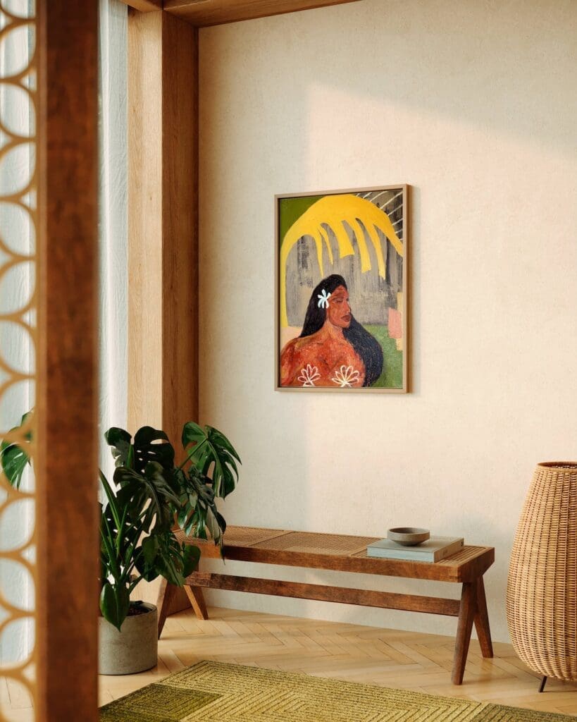 Summer style art with woman above bench in hallway by Britney Turner