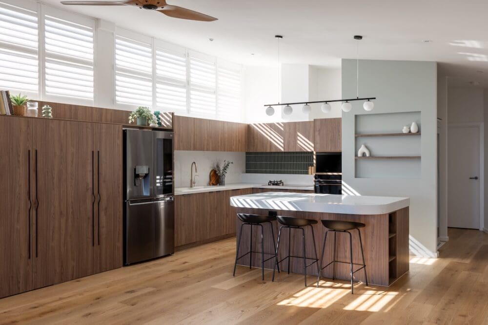 Large corner kitchen and island in open plan