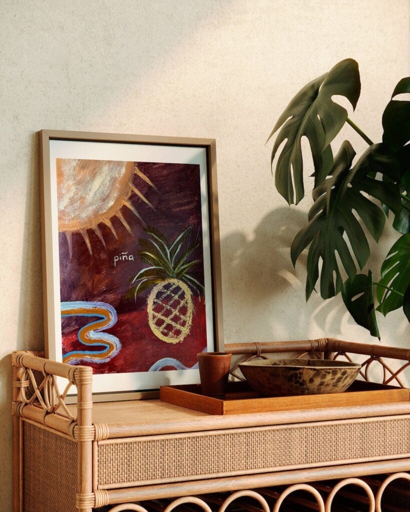 Pineapple art on bar cart by Britney Turner
