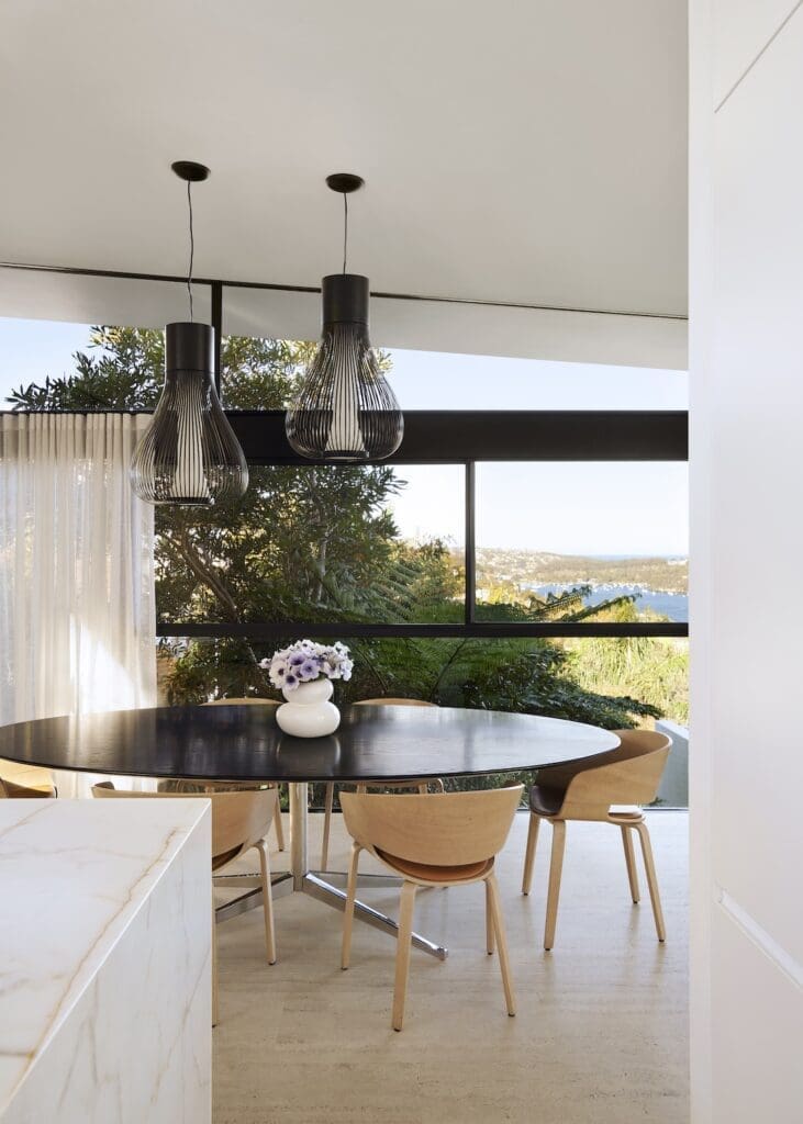 Unique dining room furniture in mid-century modern dining room of Meller House