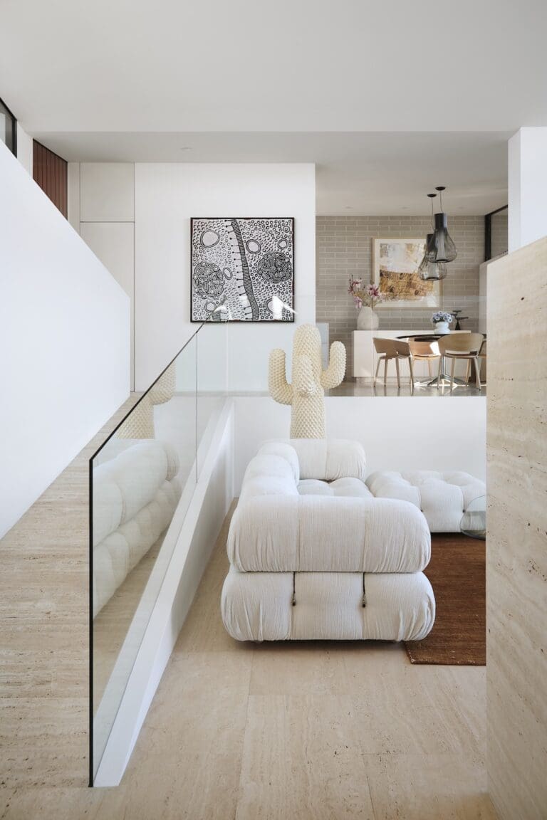 White modular sofa in quirky mid-century modern living room