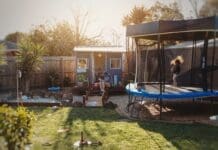 Trampoline in garden