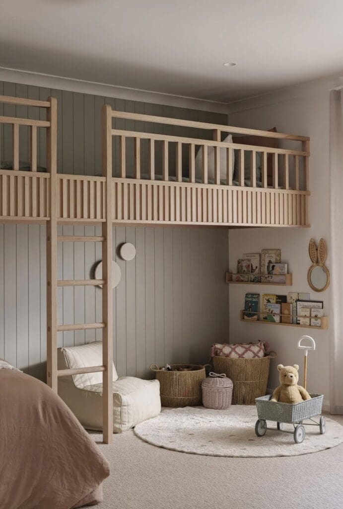 Built in timber bunk bed in kids room at Ewingsdale home