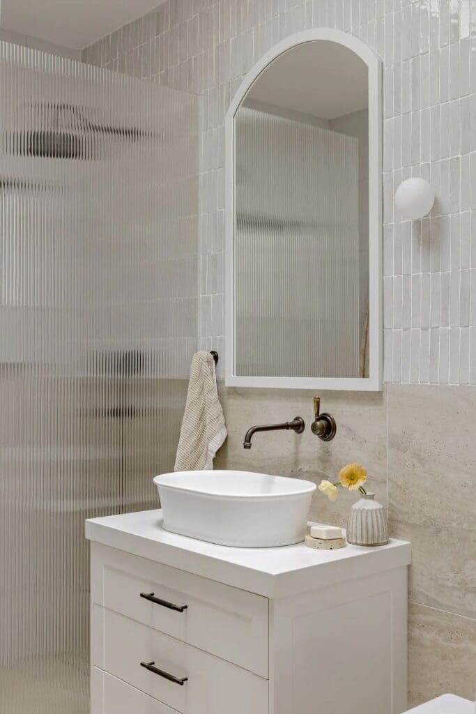 Fluted glass in ensuite bathroom at Ewingsdale home