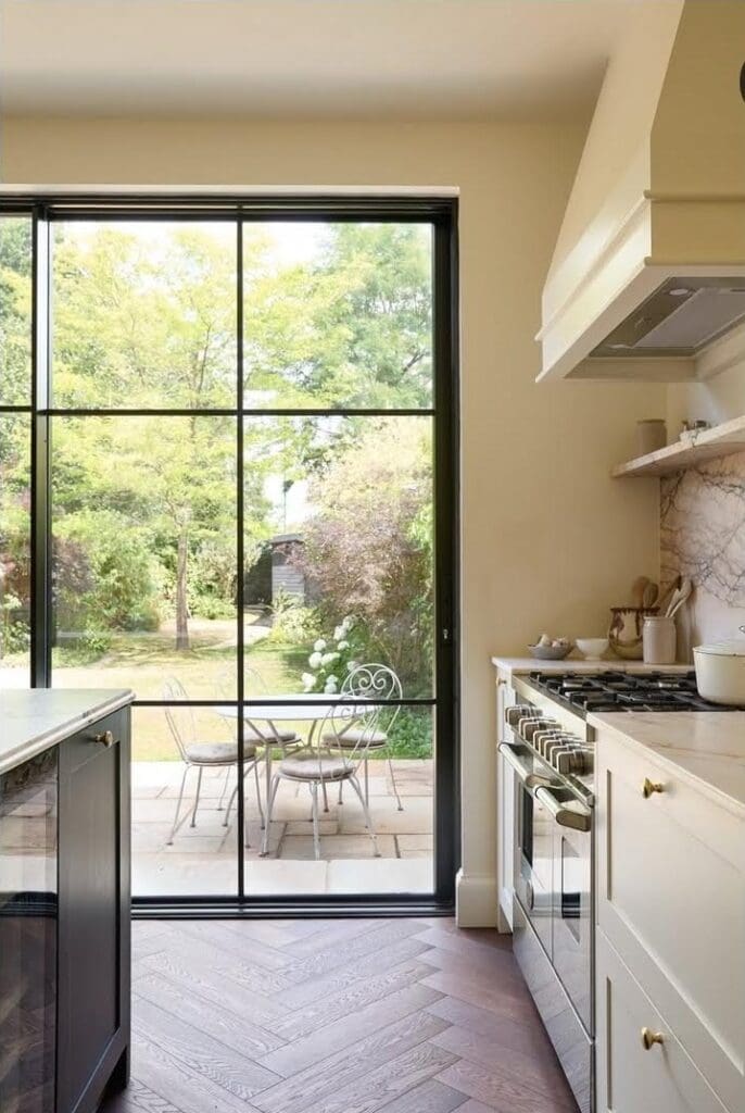 Marble kitchen renovation glass door to backyard