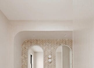 Bathroom with double vanity and reeded glass at The Stables Burraneer House