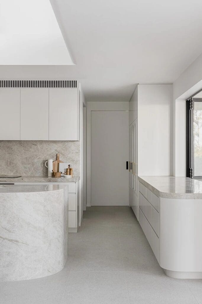 Taj Mahal stone benchtops in kitchen at The Stables Burraneer House