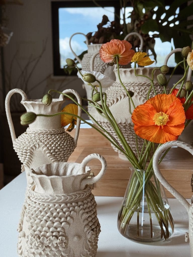 Ceramic vases with handles and poppies from Clayhead Ceramics
