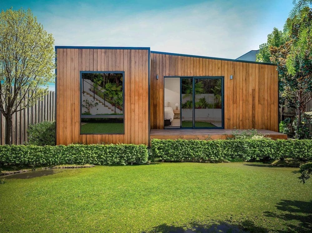 Timber clad granny flat studio in backyard