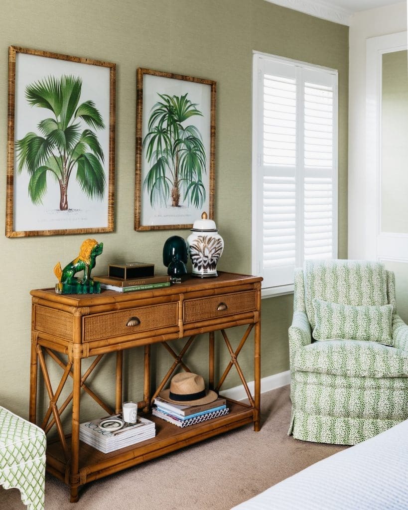 Green striped chair in bedroom at Patterned Sanctuary by The Stylesmiths