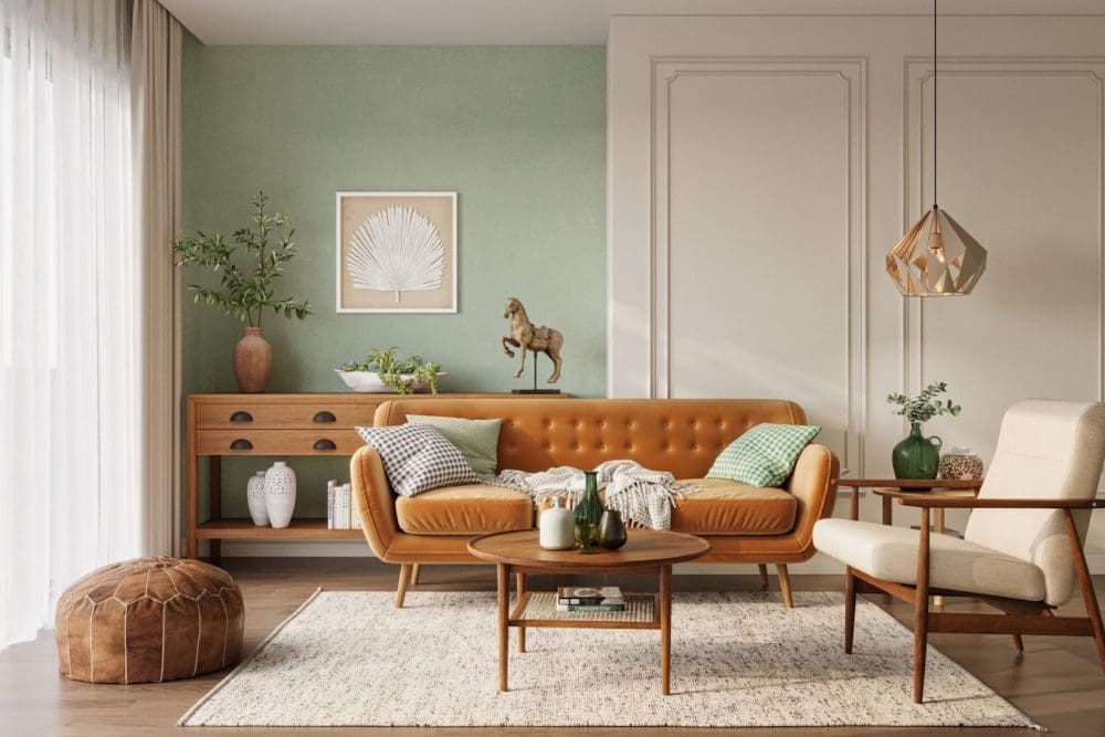 Tranquil living room in soothing green and neutral tones