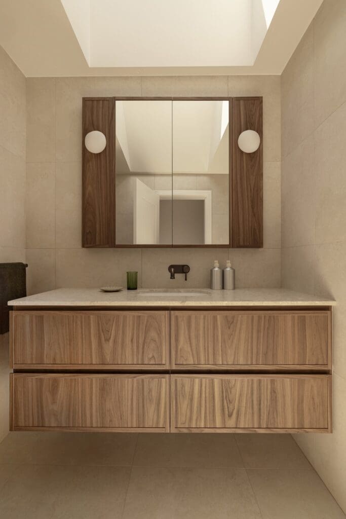 Timber vanity in bathroom at Deakin Home