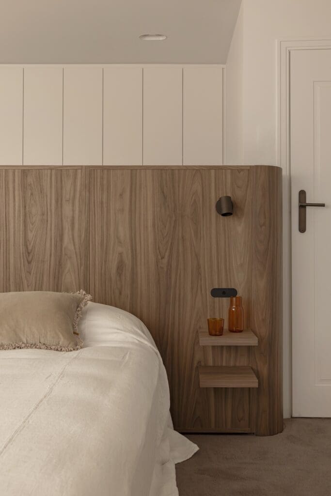 Custom bedhead with drawers on back in master bedroom at Deakin Home