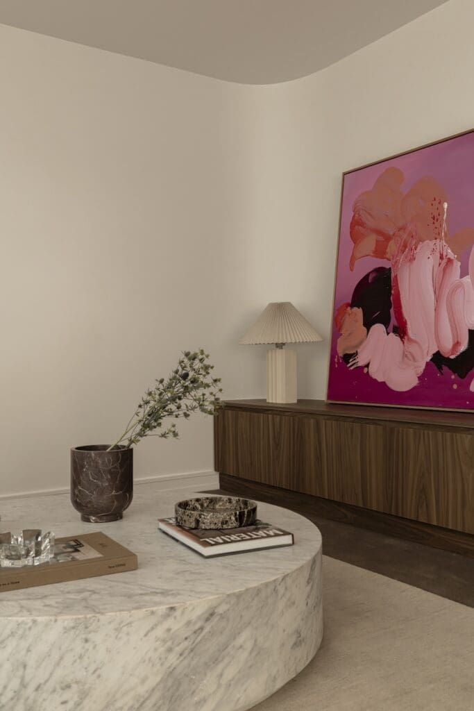 Coffee table styling in living room of Deakin Home