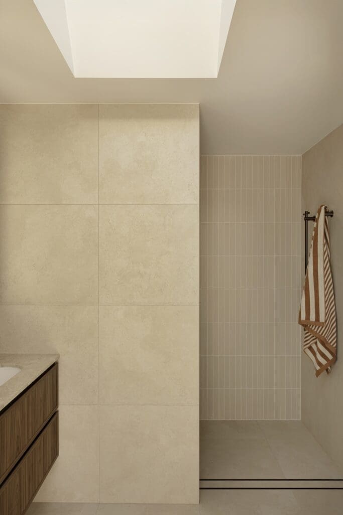 Shower wall and skylight in Deakin Home
