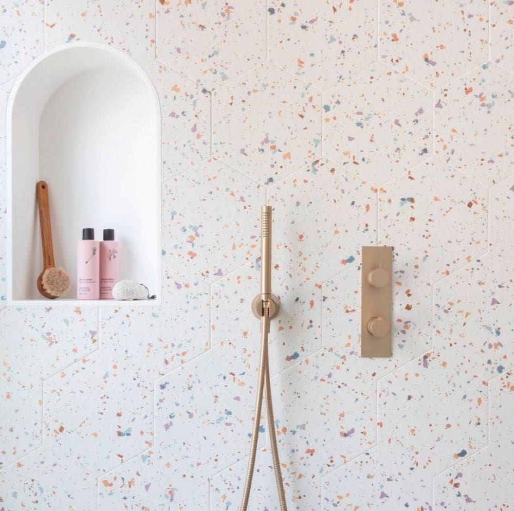 Straciatella terrazzo tiles in bathroom